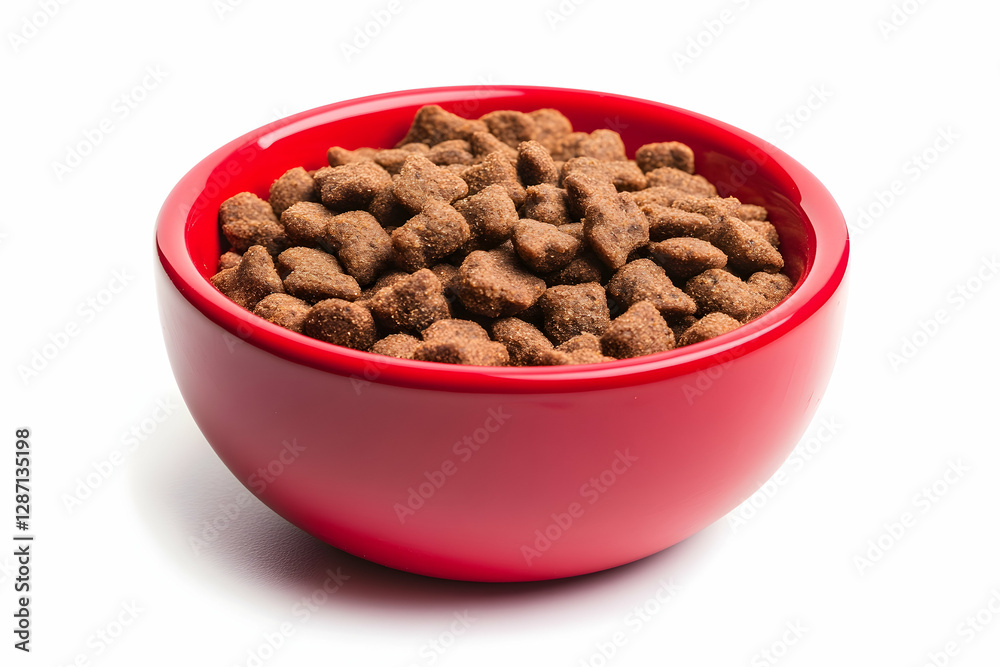 Red bowl filled with dry food isolated on white Red bowl filled with dry food isolated on white