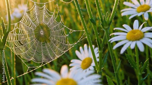 Dew-covered spider web among blooming daisies at sunrise, shimmering with morning light. Nature beauty and tranquility concept