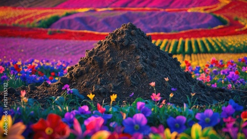 Colorful flower fields with a prominent manure pile as natural fertilizer contrasting lush blossoms in vibrant hues.