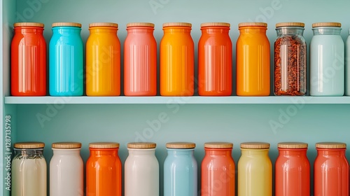Colorful Glass Jars on Shelf: Kitchen Storage, Home Decor, Pantry Organization