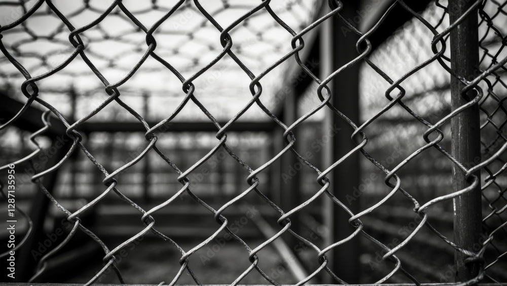 Fototapeta premium Black and white close-up of a textured chain link fence highlighting its intricate design and structure.