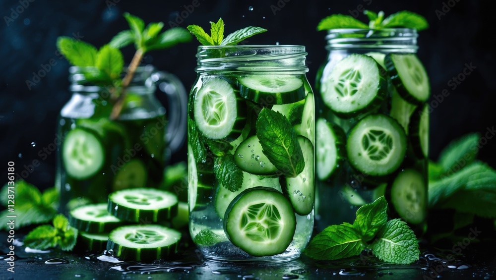 Refreshing Cucumber Mint Infused Detox Water in Jars with Dark Background for Healthy Lifestyle and Hydration Concept Refreshing Cucumber Mint Infused Detox Water in Jars with Dark Background for Healthy Lifestyle and Hydration Concept