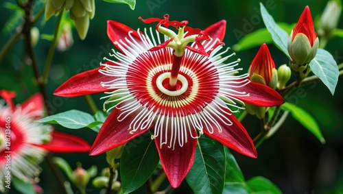 Vibrant Passiflora vitifolia flower in stunning red with intricate details against a lush green background showcasing nature's beauty. photo