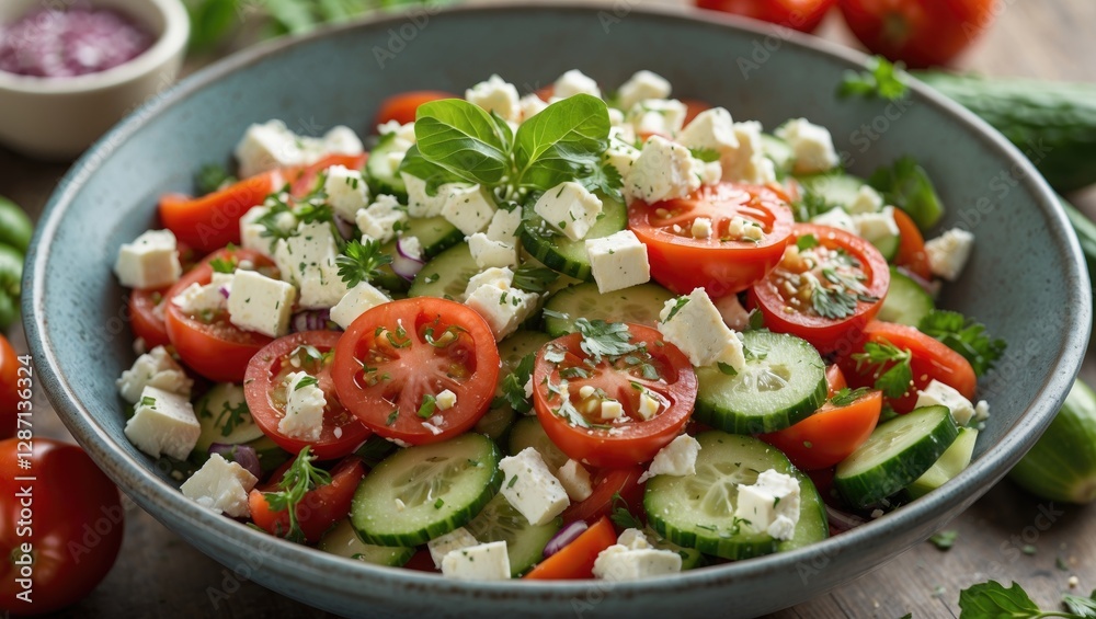 Fresh and colorful tomato cucumber feta salad garnished with herbs in a rustic bowl, perfect for summer meals or healthy eating. Fresh and colorful tomato cucumber feta salad garnished with herbs in a rustic bowl, perfect for summer meals or healthy eating.