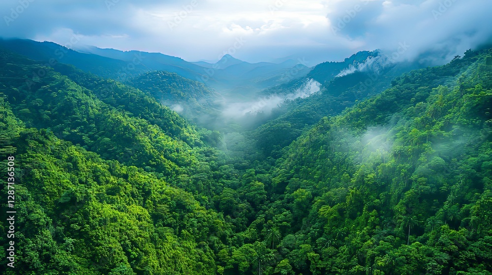 Lush Green Mountains Mist Shrouded Valley Landscape Lush Green Mountains Mist Shrouded Valley Landscape