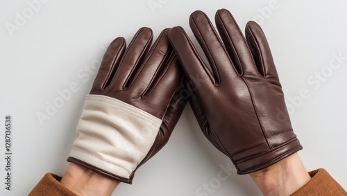 Elegant brown leather gloves with contrasting white panel arranged on a light background showcasing luxury winter accessories. photo