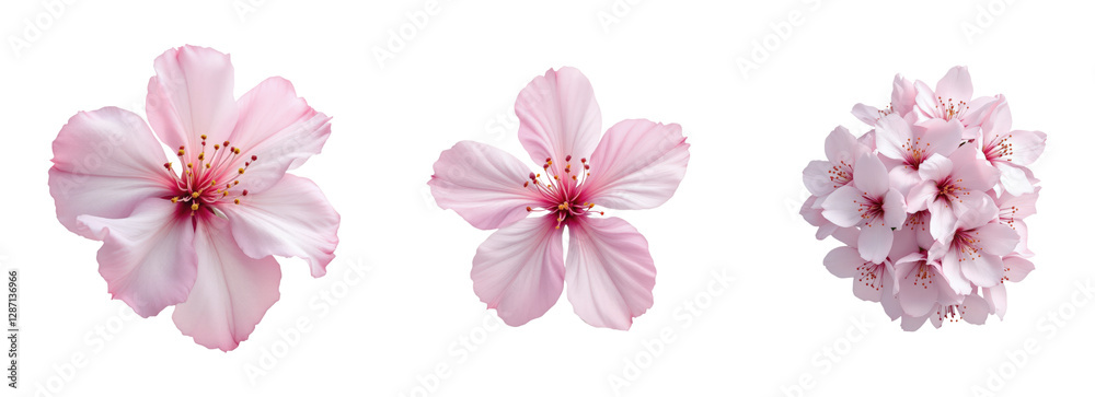 Delicate Pink Cherry Blossom Flowers Displaying Elegance and Symbolism of Springtime Renewal, Isolated on Transparent and White Background Delicate Pink Cherry Blossom Flowers Displaying Elegance and Symbolism of Springtime Renewal, Isolated on Transparent and White Background