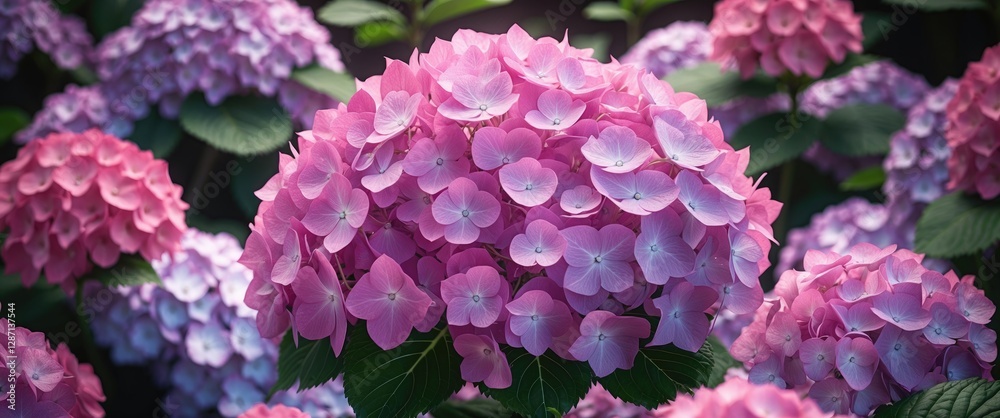 Pink hydrangea macrophylla in full bloom showcasing vibrant clusters of hortensia flowers amidst lush green leaves. Perfect for floral designs. Pink hydrangea macrophylla in full bloom showcasing vibrant clusters of hortensia flowers amidst lush green leaves. Perfect for floral designs.