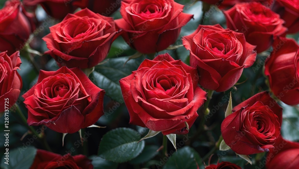 Vibrant close up of blooming red roses surrounded by lush green leaves highlighting beauty and elegance of nature Vibrant close up of blooming red roses surrounded by lush green leaves highlighting beauty and elegance of nature