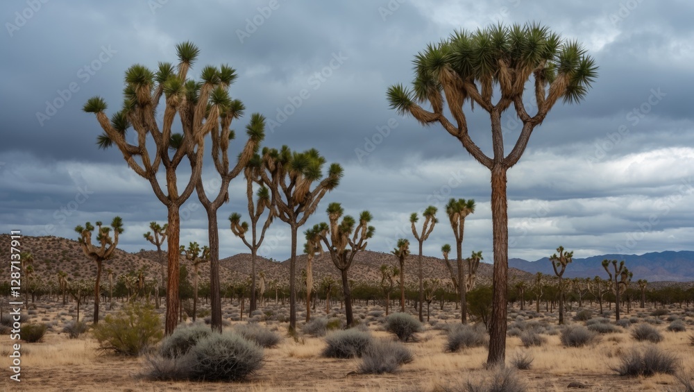 Joshua trees silhouette under a dramatic cloudy sky in a desert landscape showcasing unique flora and rugged terrain. Joshua trees silhouette under a dramatic cloudy sky in a desert landscape showcasing unique flora and rugged terrain.