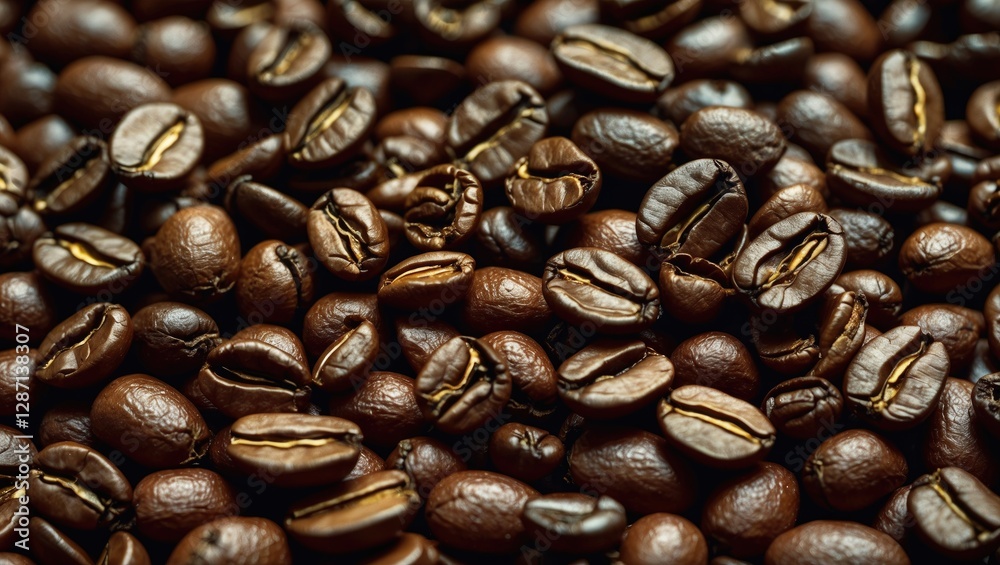 Fototapeta premium Close up view of freshly roasted coffee beans showcasing rich textures and colors ideal for coffee-related themes and advertising.
