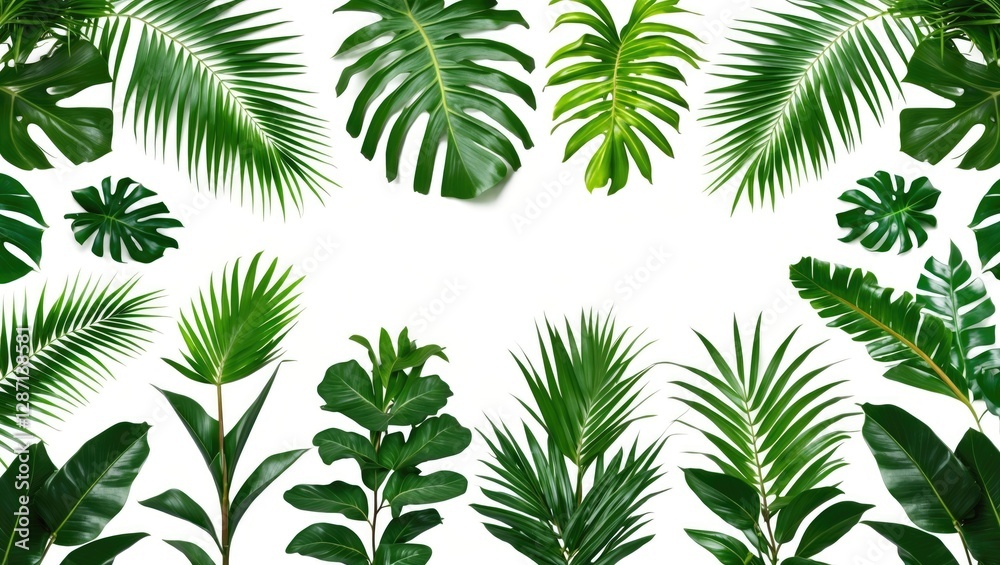 Tropical jungle leaves collection with green palm and aralia leaves on white background for creative design and decoration projects Tropical jungle leaves collection with green palm and aralia leaves on white background for creative design and decoration projects