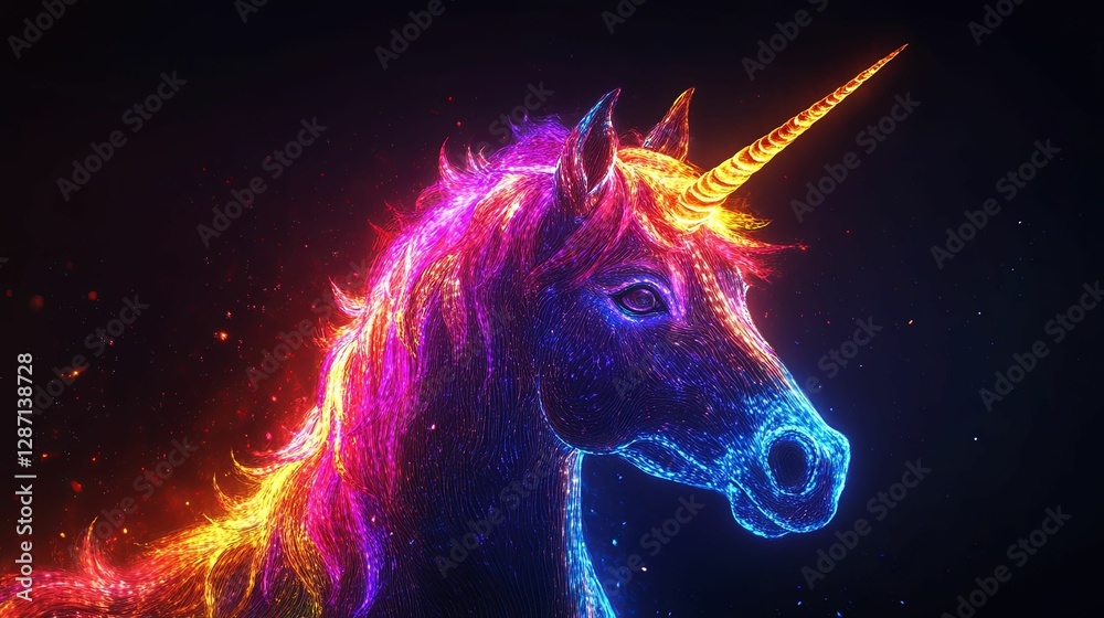 A Rainbow Unicorn Glowing Brightly In The Night A Rainbow Unicorn Glowing Brightly In The Night
