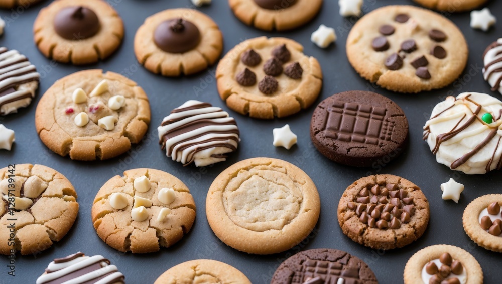Assorted delicious cookies displayed on a dark background showcasing various textures and toppings ideal for baking and culinary themes.