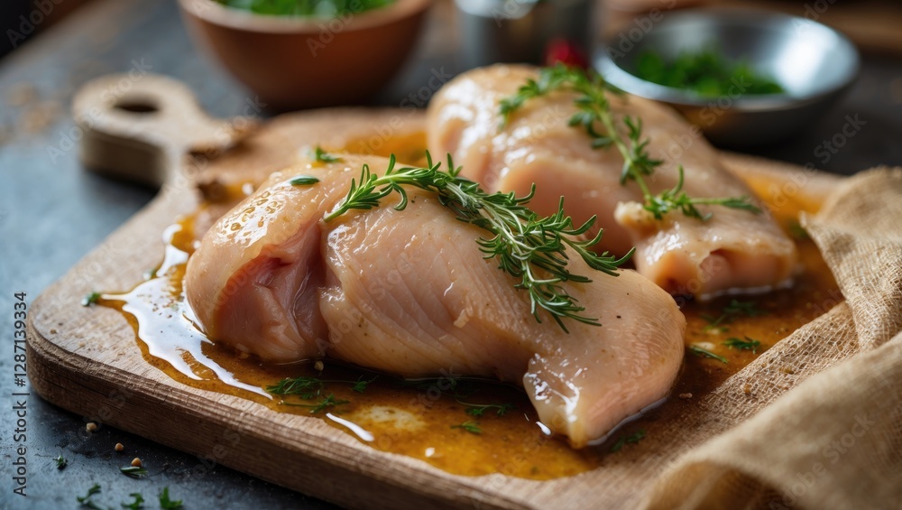 Marinated Chicken Breasts with Fresh Herbs on a Wooden Cutting Board Ready for Cooking Marinated Chicken Breasts with Fresh Herbs on a Wooden Cutting Board Ready for Cooking
