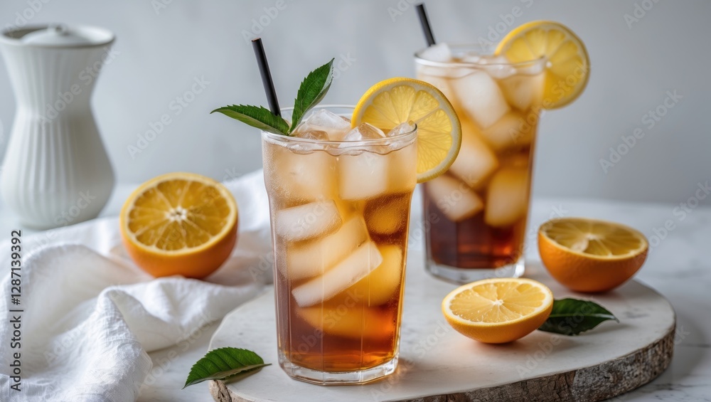Fototapeta premium Refreshing Iced Tea with Lemon and Fresh Oranges on a Marble Surface