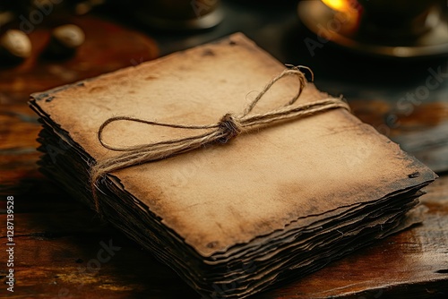 A stack of old aged papers tied with some twine