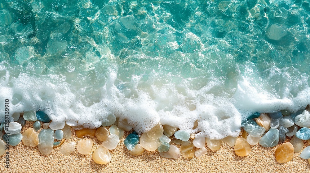 Naklejka premium Ocean Wave Crashing on Smooth Beach Stones