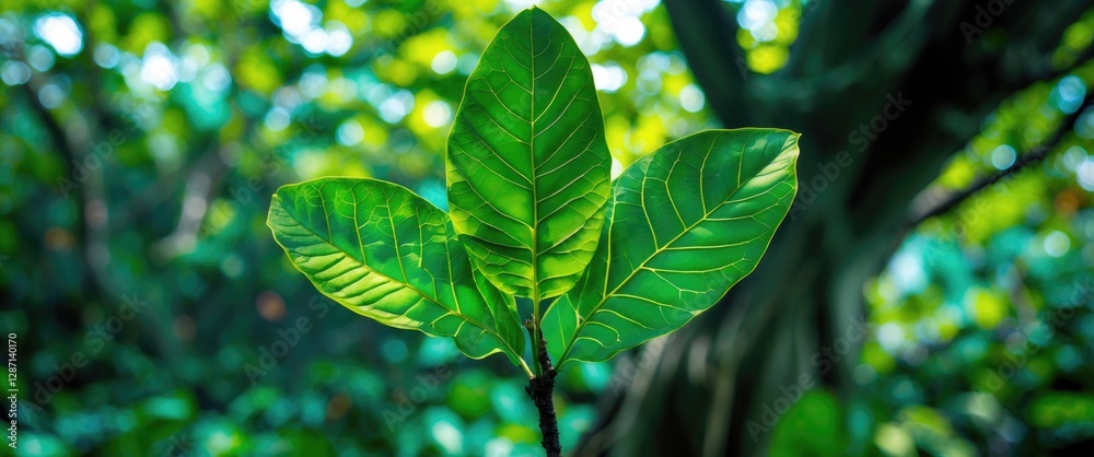 Obraz premium Vibrant green leaves in macro view showcasing nature's beauty in a tranquil Thai forest setting.