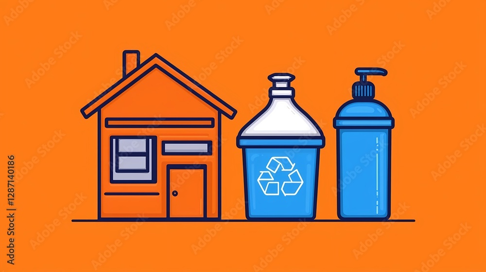 Eco Friendly House with Recycling Bin and Soap Dispenser - Sustainability Concept Eco Friendly House with Recycling Bin and Soap Dispenser - Sustainability Concept