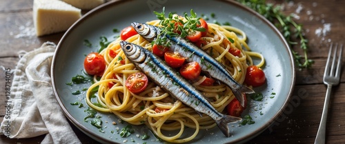 Wallpaper Mural Mediterranean Pasta Dish Featuring Sardines Cherry Tomatoes Fresh Herbs and Grated Parmesan Served on a Plate with Fork Torontodigital.ca