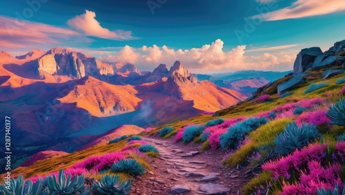 Scenic Hiking Trail with Vibrant Wildflowers and Majestic Mountains Under a Dramatic Sky at Sunset