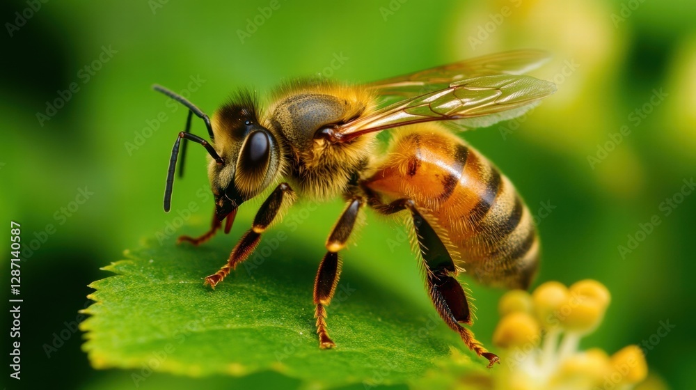 A close-up of a honeybee perched on a green leaf, showcasing its detailed features and vibrant colors against a blurred background. A close-up of a honeybee perched on a green leaf, showcasing its detailed features and vibrant colors against a blurred background.