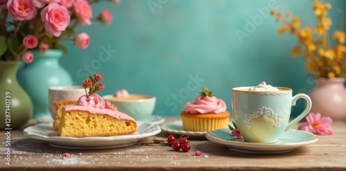 Wallpaper Mural Whimsical wooden table setting with pastel-hued kaffee und kuchen and assorted colorful baked goods, garden, spring Torontodigital.ca