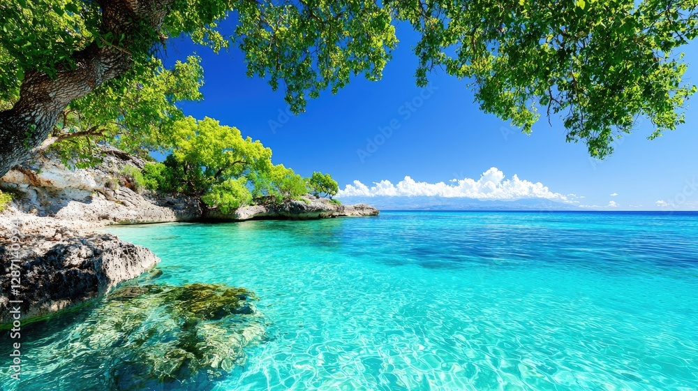 Tropical Beach Scene Under Lush Trees