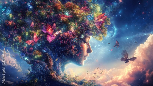 A vibrant, enchanting portrait of a woman with a floral and butterfly-inspired hairstyle, blending nature and fantasy in a cosmic backdrop.
