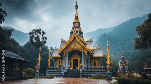 A stunning temple with intricate designs, set against a misty mountain backdrop, showcasing traditional architecture and serene surroundings.