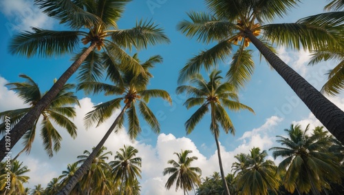 Wallpaper Mural Majestic view of tall coconut palms against blue sky with fluffy clouds creating a serene tropical atmosphere. Torontodigital.ca