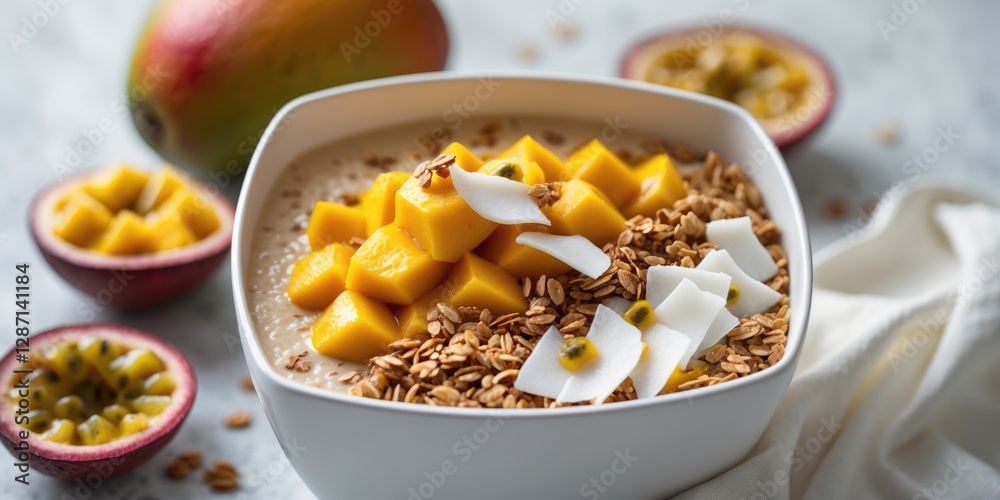 Mango Smoothie Bowl Topped With Coconut Granola And Passion Fruit Healthy Vegan Breakfast With Copy Space For Text Mango Smoothie Bowl Topped With Coconut Granola And Passion Fruit Healthy Vegan Breakfast With Copy Space For Text