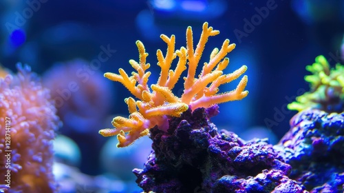 A vibrant orange coral branch stands out in a colorful underwater environment, showcasing the beauty of marine life.