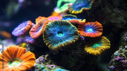 Vibrant coral polyps in an aquarium, showcasing stunning colors and intricate patterns against a dark backdrop.