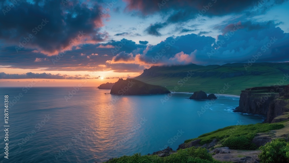 Fototapeta premium Dramatic Coastal Landscape During Sunset with Calm Waters and Cloudy Sky Over the Island Ideal for Scenic Background and Text Space
