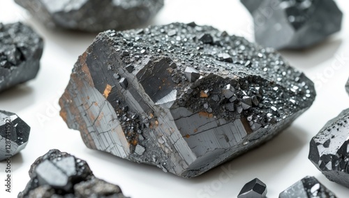 Macro photography of raw magnetite mineral showcasing its unique crystalline structure and texture against a clean white background.