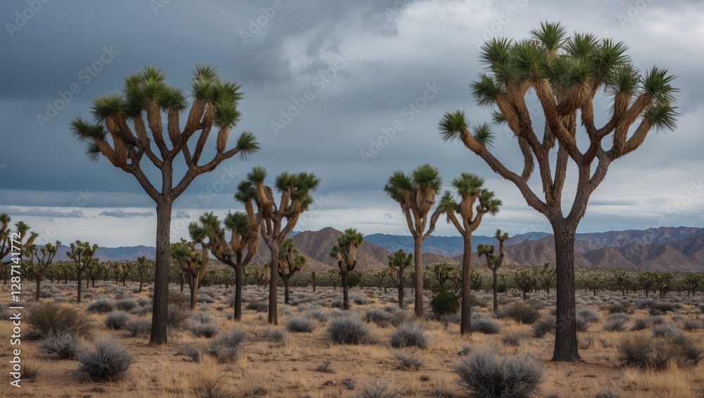Majestic Joshua trees silhouetted against a dramatic cloudy sky in a serene desert landscape. Majestic Joshua trees silhouetted against a dramatic cloudy sky in a serene desert landscape.