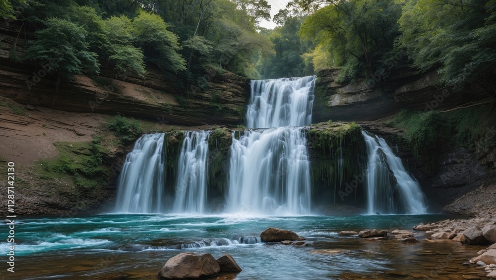 Fototapeta premium Tranquil multi-tiered waterfall cascading into a clear blue pool surrounded by lush greenery in a serene natural setting.
