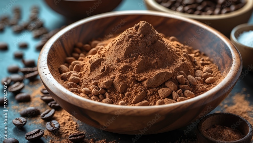 Coffee powder and instant coffee mixed with sugar in a wooden bowl with whole coffee beans surrounding it on a rustic background. Coffee powder and instant coffee mixed with sugar in a wooden bowl with whole coffee beans surrounding it on a rustic background.