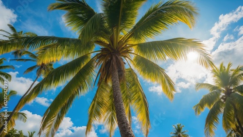 Wallpaper Mural Bright Coconut Tree Against Blue Sky with Sunlight and Clouds Ideal for Text Overlay and Tropical Themes Torontodigital.ca