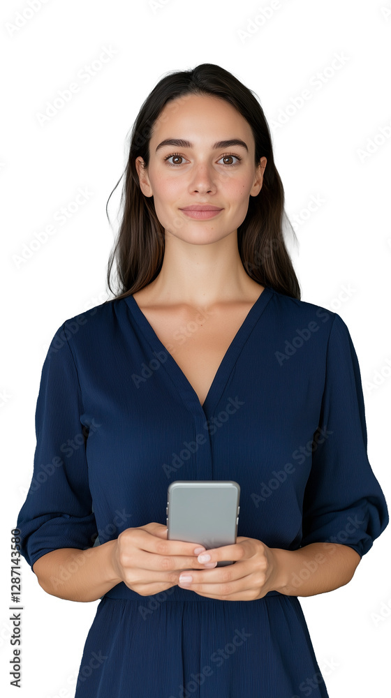 Serious woman in blue dress holding smartphone on transparent background Serious woman in blue dress holding smartphone on transparent background