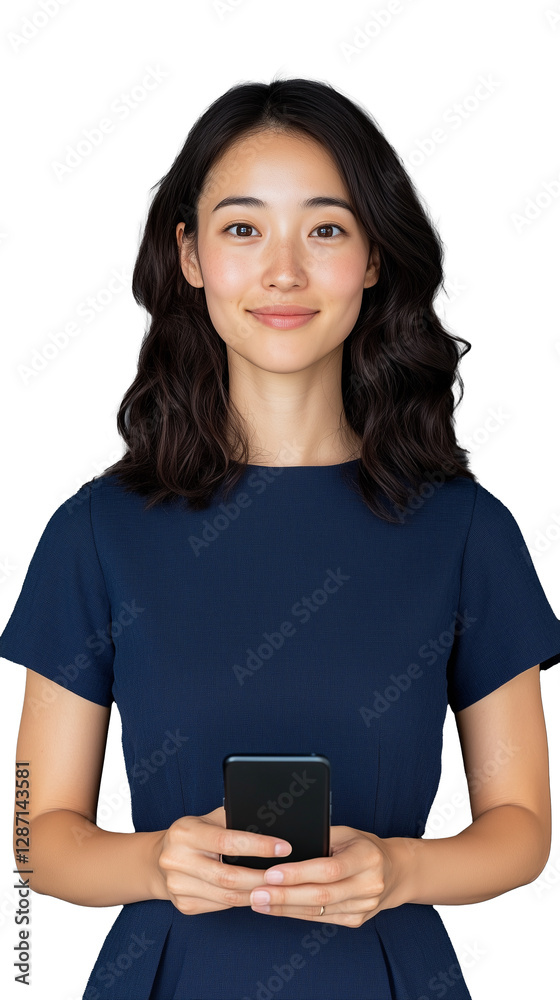 Smiling woman in blue dress holding smartphone on transparent background Smiling woman in blue dress holding smartphone on transparent background