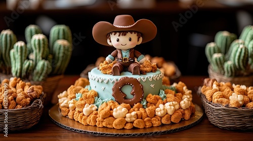 A Cowboy Themed Cake Decorations with Cactus and Snacks