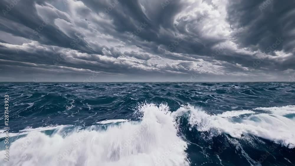 Dramatic ocean waves under stormy skies with dark clouds, powerful sea landscape. Nature and weather concept
