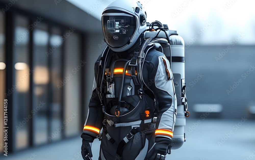 Naklejka premium A futuristic astronaut in a sleek space suit showcases advanced technology. The intricate design includes bright accents, emphasizing innovation and exploration in the cosmos.