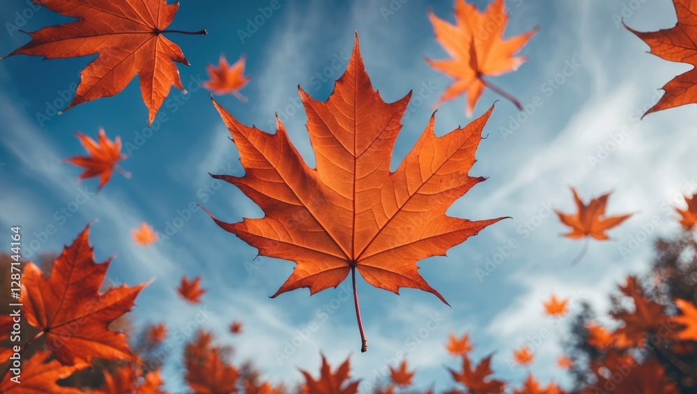 Autumn foliage with vibrant orange maple leaves against a clear blue sky capturing the beauty of nature's seasonal change. Autumn foliage with vibrant orange maple leaves against a clear blue sky capturing the beauty of nature's seasonal change.