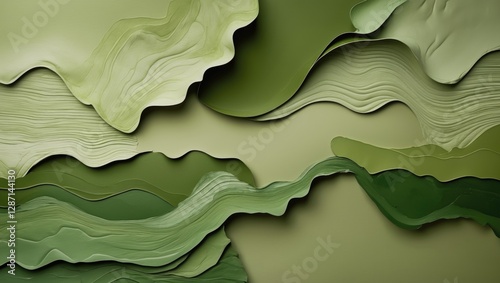 Green abstract art background featuring soft wavy patterns and gradients with olive and khaki tones, ideal for texture and design applications.