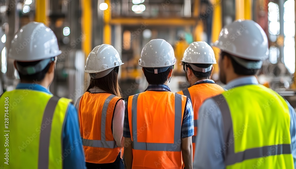 A group of engineers and workers in safety helmets and vests observe industrial machinery in a factory. The scene highlights teamwork and safety in a working environment. A group of engineers and workers in safety helmets and vests observe industrial machinery in a factory. The scene highlights teamwork and safety in a working environment.