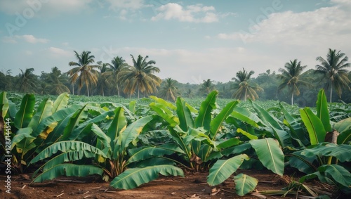 Wallpaper Mural Vibrant Banana Leaf Landscape with Lush Green Foliage and Empty Sky for Text Overlay in Tropical Agricultural Setting Torontodigital.ca